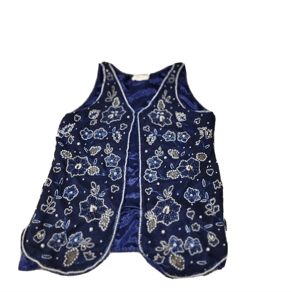 Nipon Night Women's Evening Blue Vest Size Medium Silk  Beads Sequins NWT - Picture 4 of 8